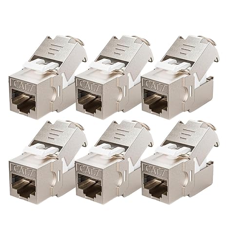 6 Packs RJ45 Cat7 Cat6A Shielded Keystone Jack, Cat 7 10Gbps Easy Toolless Modular Jacks PoE for 23 to 24 AWG Solid or Stranded S/FTP Ethernet Cable