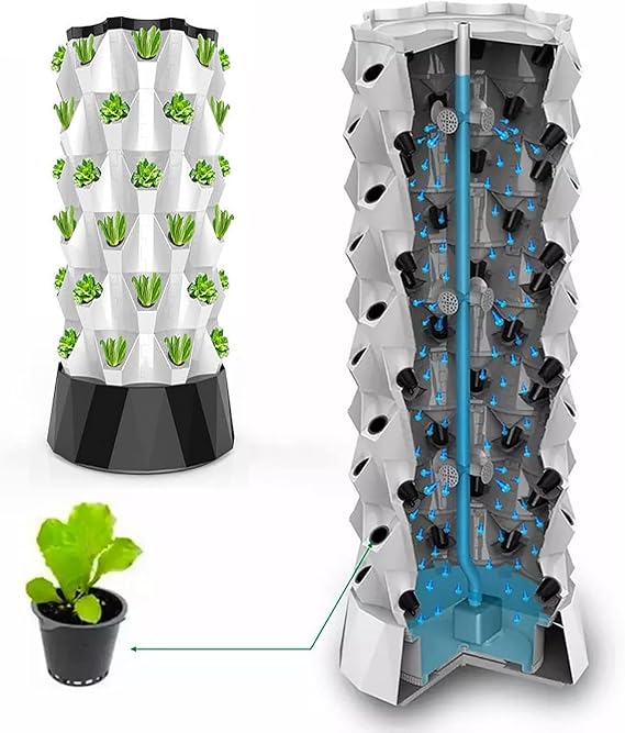 Vertical Planter Tower, Hydroponics Growing System for Indoor Herbs, Fruits and Vegetables with Hydration Pump, Adapter, Seedbed and Net Pots,Black-64Pots