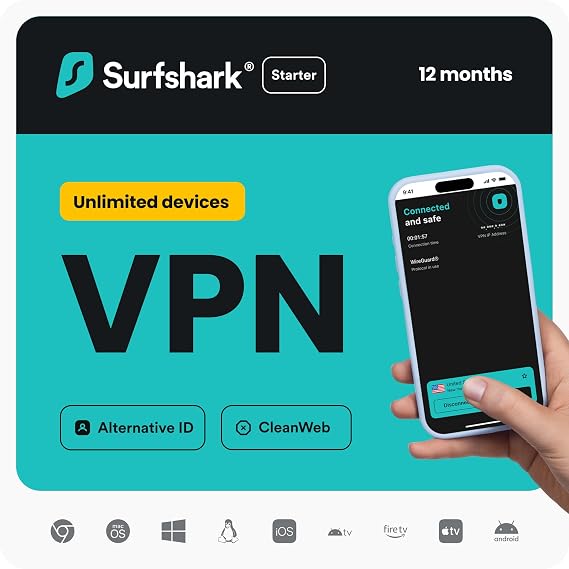 Surfshark Starter VPN | Unlimited Devices | 12-Month | Ad Blocker | Digital Code