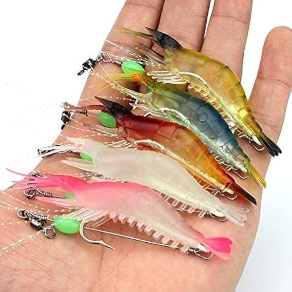 5pcs Soft Luminous Shrimp Lure Set, 5 Colors Shrimp Bait Lures with Hooks & Beads for Freshwater & Saltwater Fishing, Bass, Trout, Catfish, Salmon