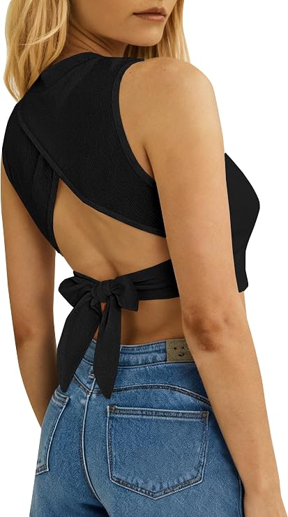 Remidoo Women's Casual Sleeveless Crewneck Ribbed Knit Tie Back Crop Tank Top Black X-Small