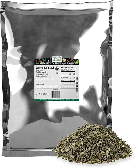 Frontier Co-op Organic Lemon Balm Leaf, Cut and Sifted, Kosher, Bulk Bag - Dried Lemon Balm Herb Loose Leaf Tea - Melissa Tea, Toronjil | 16 Ounce (Pack of 1)