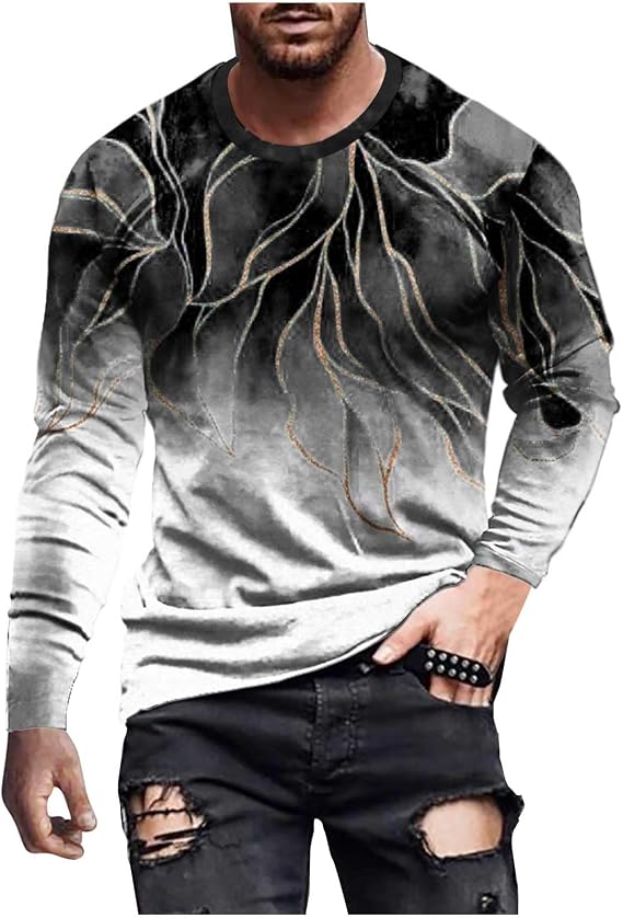 Men's T-Shirts Graphic Tees Casual Fashion Long Sleeve Crewneck Sweatshirt Funny Marble Print Gym Workout Tee Top