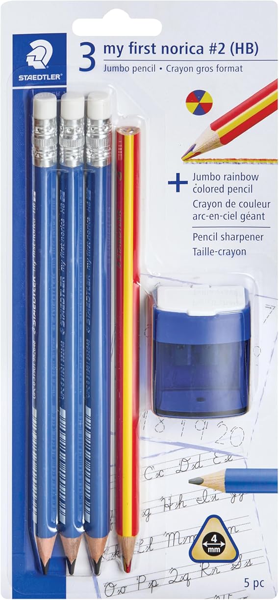 STAEDTLER My First norica Triangular Learner's Jumbo Pencils Set: With 3 Jumbo Pre-Sharpened #2 Pencils, Jumbo Rainbow Colored Pencil & Pencil Sharpener - For Children & Beginners - Packaging May Vary | 3 Jumbo Pre-Sharpened #2 Pencils, Jumbo Rainbow Colored Pencil & Dual-Hole Pencil Sharpener per Set, 30 Total Pieces