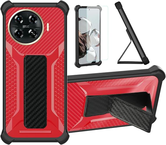 Case Compatible for Tecno Spark 20 Pro+Plus Phone Case Cover [with Tempered Glass Screen Protector] Hybrid Case [Folding Support Magnetic] [Frosted anti-fingerprint] Red