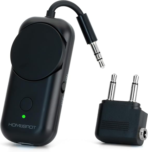 Bluetooth 5.3 Airplane Adapter, Rotary Volume, aptX Low Latency & Adaptive, 25 Hrs, Use with Any 3.5mm Jack on Airplanes, TVs, Car, Gym, Ideal for AirPods, Headphones and More, Black