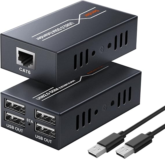 avedio links 164ft/50m USB Extender Over Cat6/7, 4 USB 2.0 Ports Single Ethernet Extender with POC Power Supply, ESD Protection, Plug and Play for Webcam, Keyboard, Mouse, Printer