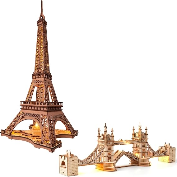 ROBOTIME 3D Puzzle for Adults Wooden Craft Kits for Teens DIY Construction Model Kit with LED Light Tower Bridge &Eiffel Tower