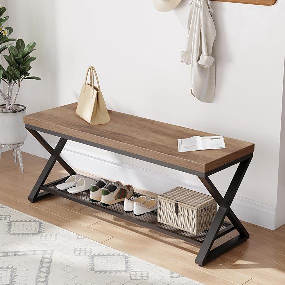 LVB 39 Entryway Shoe Bench with Storage for Foyer Hallway Rustic Oak