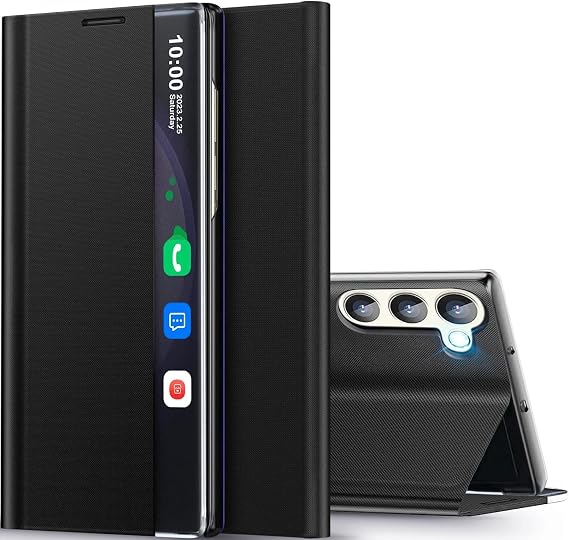 for Samsung Galaxy S24 Case View Clear Smart Window, with Kickstand for Samsung S24 Case Luxury Flip Slim Mirror Hard PC Leather View Clear Smart Window Case for Samsung Galaxy S24 Cover (Black)