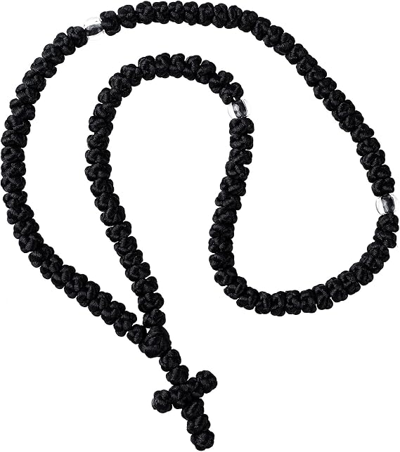 Pndeyo Handmade Prayer Rope, Traditional Christian Orthodox Greek Russian Komboskoini Prayer Rope, Blessed Cross Car Hanging Charms- Black