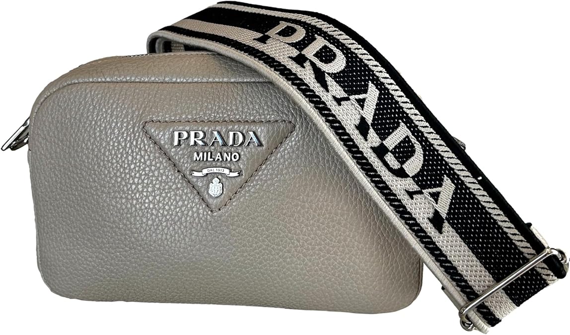 Prada Womens Vitello Daino Leather Sabbia Beige Web Strap Small Camera Crossbody 1BH192
