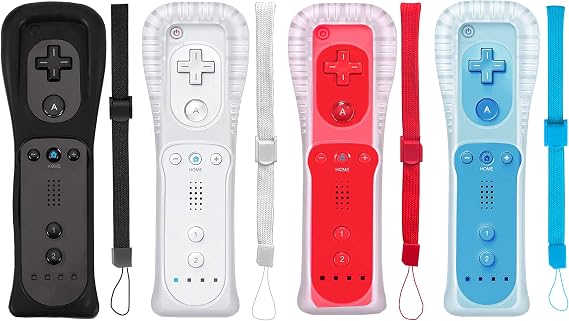4 Packs Classic Remote Controller Compatible for Wii Wii U Console, Gamepad with Soft Silicone Sleeve and Wrist Strap (Black+White+Red+Blue)