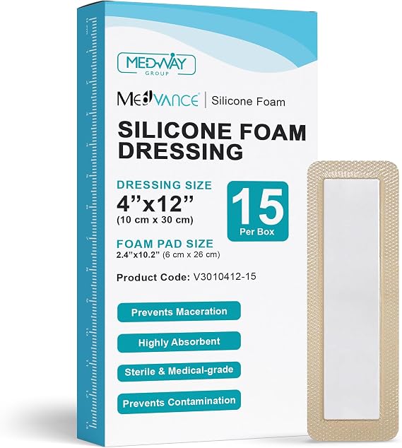 MedVanceTM Silicone - Bordered Silicone Adhesive Foam Dressing Size 4"x 12" (2.4"x10.4" Pad) 15 Pack