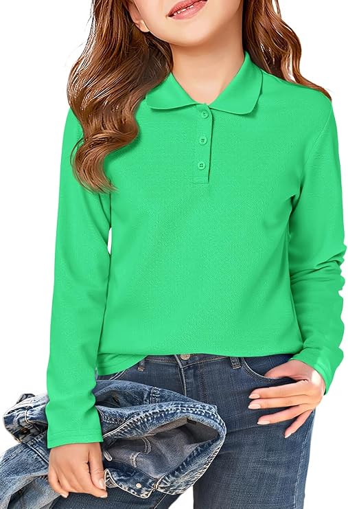 Haloumoning Girls School Uniform Long Sleeve Polo Shirt Kids Golf Pique Polo Shirts 5-14 Years