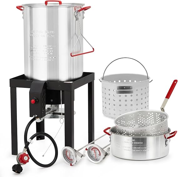 30Qt Turkey Fryer, Outdoor Fryer, Turkey Deep Fryers, Seafood Boil Pot, Aluminum Deep Fryer Pot With Basket, 50,000BTU Burner, Steamer and Seafood Boiler Set for Crab, Shrimp, Lobster