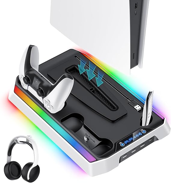 JORREP Charging Station for PS5/Slim/Pro Stand and Controller Charging Station for Ps5 Console with Cooling Fan,Dual Controller Charger, Cooling Stand, Headset Holder,PS5/Slim/Pro Accessories