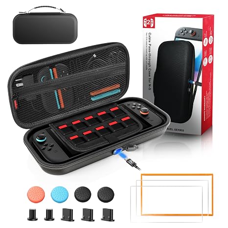 Auarte Carry Case for Nintendo Switch 2, Accessories Bundle for Switch 2 Include Carrying Case, HD Screen Protector with Alignment Frame and Dust Plug, Thumb Grip