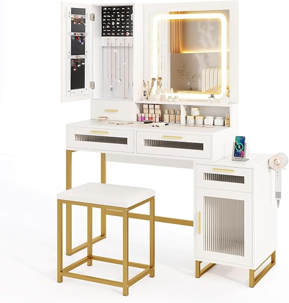 COSTWAY Dressing Table and Stool Set with 3-Color LED Lights Mirror, Adjustable Brightness, Jewelry Armoire, Cabinet, 4 Drawers & Charging Station, Bedroom Dresser Makeup Table Vanity Desk, White+Gold