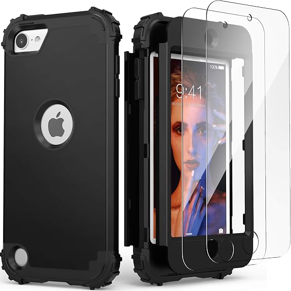 IDweel for iPod Touch 7th Generation Case with 2 Screen Protectors, Hybrid 3 in 1 Shockproof Slim Heavy Duty Hard PC Cover Soft Silicone Bumper Full Body Case for iPod Touch 5/6/7th Gen, Black