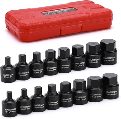 CASOMAN 16 Piece 38 Inch Drive Low Profile Impact Hex Driver Set, Cr-Mo, 14-34, 6mm-19mm, Impact SAE and Metric Hex Bit Socket Set