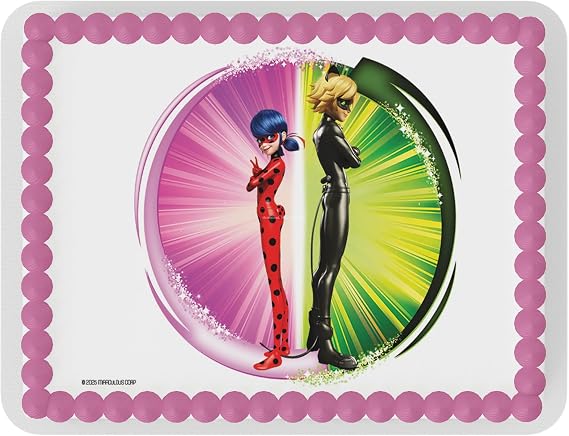 Miraculous Ladybug & Cat Noir Cake Topper Duo Power Burst Design for Kids' Birthday Parties (Fits 8 inch round cake or larger)