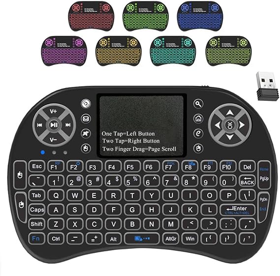 2.4GHz Backlit Mini Keyboard Touchpad Mouse, Mini Wireless Keyboard with Touchpad and Multimedia Keys for Android TV Box Smart TV HTPC PS3 Smart Phone Tablet Mac Linux Windows OS (7 Colors)