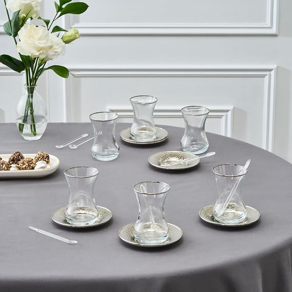 Karaca Ada Turkish Tea Cups Set 18 Piece, Turkish Tea Glasses Cups and Saucers for 6 People, Includes Saucers & Teaspoons, 130ml, Platin