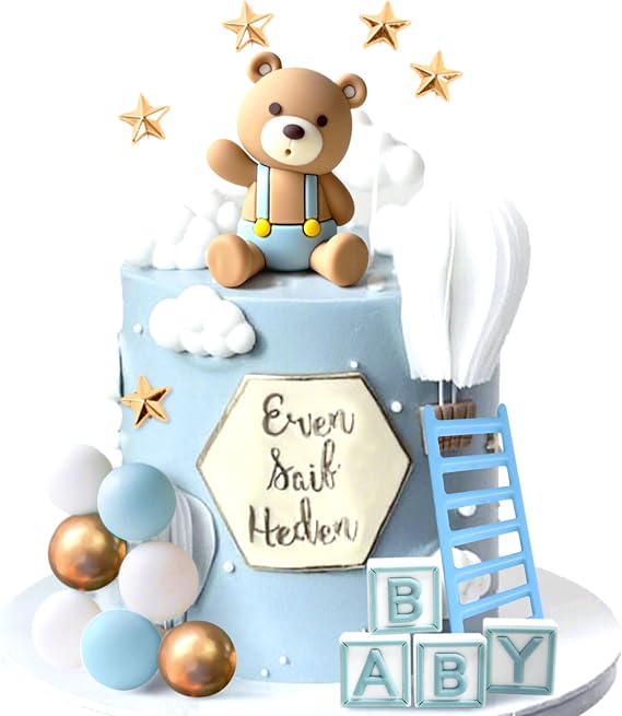 JeVenis Blue Bear Cake Decoration Baby Bear Baby Shower Cake Topper Bears Train Cake Decoration Baby Shower Birthday Cake Decoration