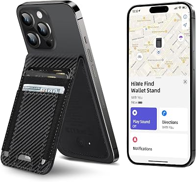 HiWe for MagSafe Wallet Stand with Find My, Anti-Lost Strongest Magnetic Wallet for iPhone 171615141312 Series, 9 Cards Holder, Leather RFID, Carbon Fiber Black