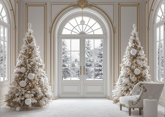 7x5 FT White Christmas Background Winter Xmas Tree Palace Photography Background for Holiday Party for Photography Decor Portrait Studio Booth Props
