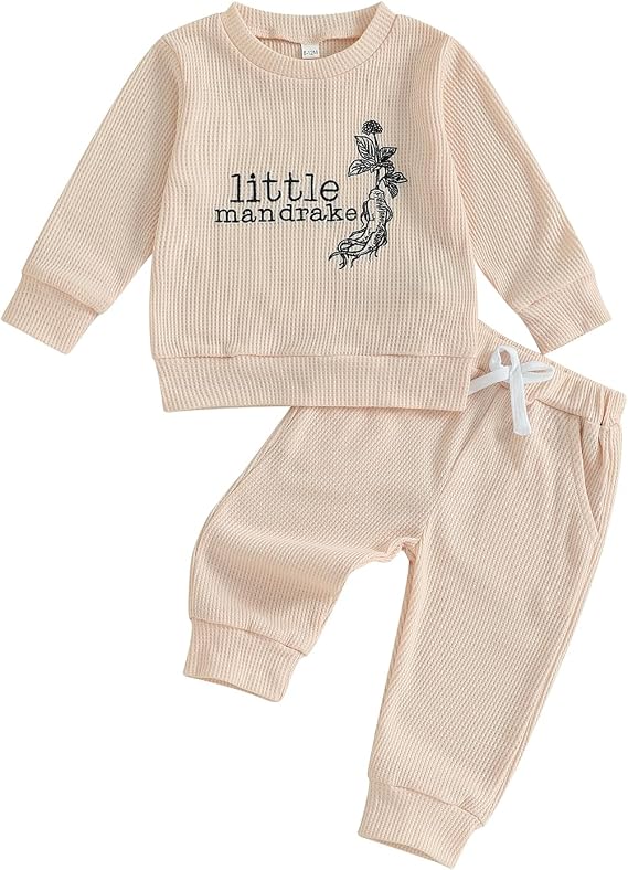 Toddler Baby Boy Girl Fall Outfit Letters Embroidery Long Sleeve Waffle Knit Sweatshirt and Pants Set