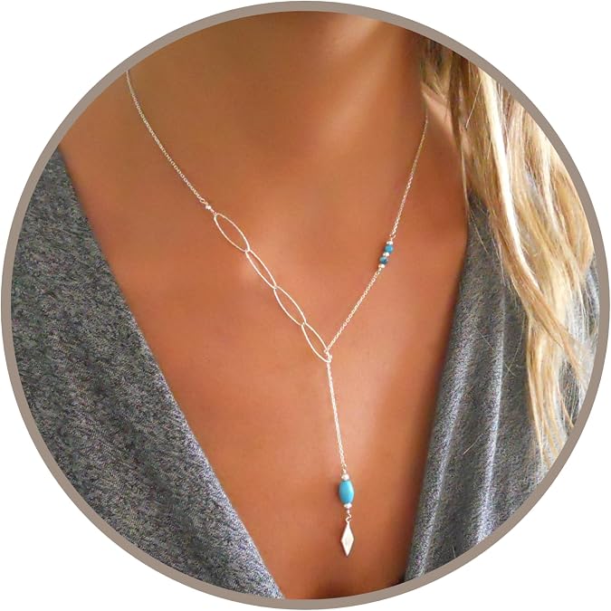Annika Bella Turquoise Y Lariat Necklace, 21" Adjustable Silver Oval Link Chain with Sliding Closure and Turquoise Beads, Long Drop Jewelry for Women