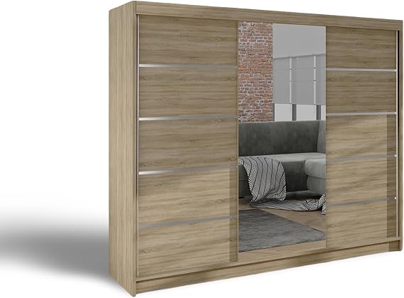 DELIN Sliding Doors Wardrobe with Mirror Furniture for Bedroom Living Room and Hall Wardrobe Organizer Width 100cm/120cm/150cm/180cm/200cm/WHITE/BLACK/OAK (Sonoma Oak, 200cm)