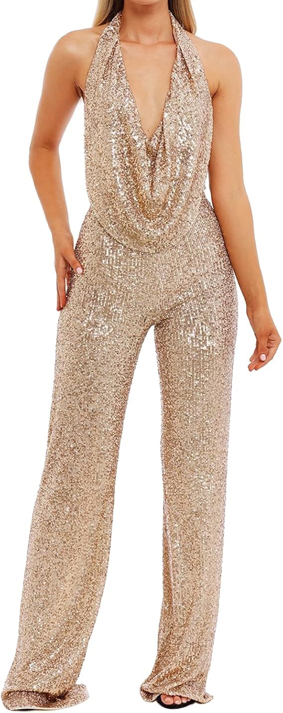Sparkly Sequin Jumpsuit Halter Neck Backless Sequin Overalls Glitter Pants