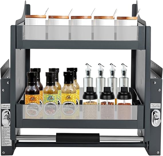 24inch Pull-Down Cabinet Shelf, 2-Tier Pull Down Spice Rack for Upper Cabinets, 3-Gear Bearing Adjustable Kitchen Upper Cabinet Sliding Organizer for Snacks, Bowls, Plates