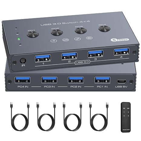 USB 3.0 Switch 4 Computers Share 4 USB Devices 4 Port USB Switcher for Keyboard Mouse Scanner Printer with Remote and Cables