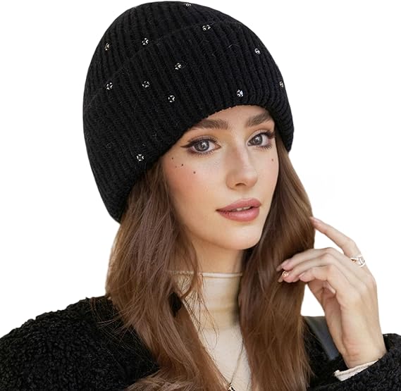 Warm Wool Beanie Hats for Women Girls Sparkly Rhinestones Winter Hat Fluffy Knitted Skull Cap