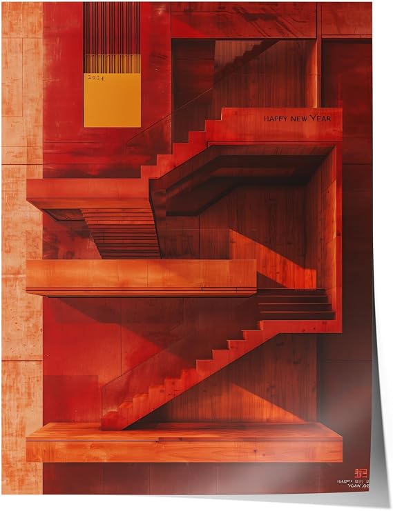Zestia Premium Poster Geometrik Formlarla Kırmızı Tonlu Mimari Soyutlama Salon Dekoru, 21 x 30