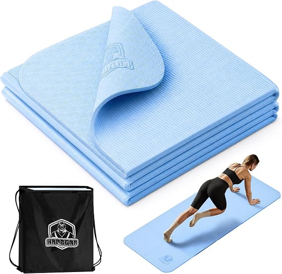 HAPBEAR Foldable Yoga Mat - 183×61cm×6mm, Non-Slip TPE Exercise Mat for Home Workout, Yoga, Pilates,Stretching, Travel, Durable & Eco-Friendly, Includes Carry Bag