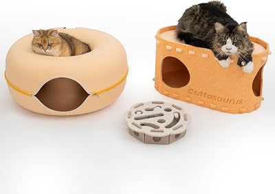 Cattasaurus 3-in-1 Cat Furniture Bundle - Peekaboo Cat Bed Cave, Claw-Resistant Bunk Bed & Interactive Play Box for Indoor Cats Beige