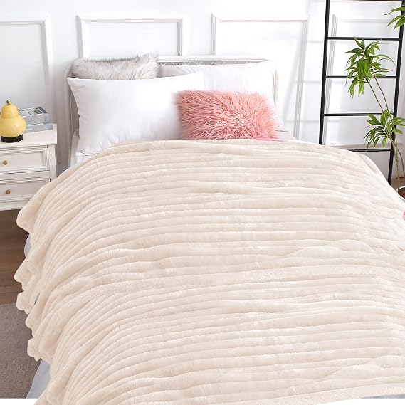JML Fleece Blanket Twin Size, Super Soft Ribbed Striped Decorative Bed Blanket, Lightweight Throw for Sofa All Season Birthday Anniversary, 60x79 Inches, Beige