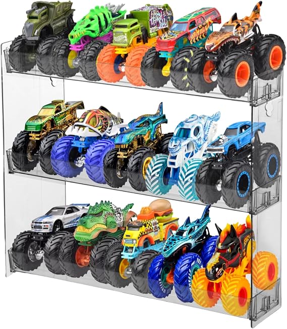 Rainmae Acrylic Monster Trucks Display Case Acrylic Transparent Monster Truck Organizers Storage Carrying Case Wall Mount 3 Tiers Toy Car Holder Shelf Rack for Hot Truck Wheels Matchbox Cars Room