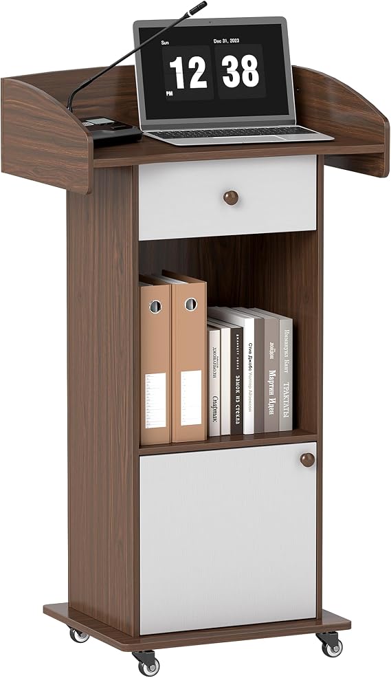 Turosur Podium Stand with Drawer, Hidden Cable Hole & Adjustable Shelf