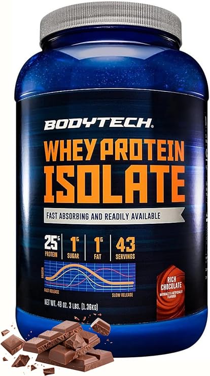 BodyTech Whey Protein Isolate Powder, Rich Chocolate, 3 LB, 43 Servings | 24G per Serving, High Concentrated Protein Powder With Amino Acids & BCAAs for Men and Women, Gluten Free