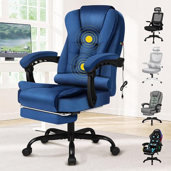 ELFORDSON Massage Office Chair for Home Office, Executive Desk Chair 77 cm High Back 150° Recliner Tilt Function Padded Swivel, Velvet Blue, 2-Point Massage