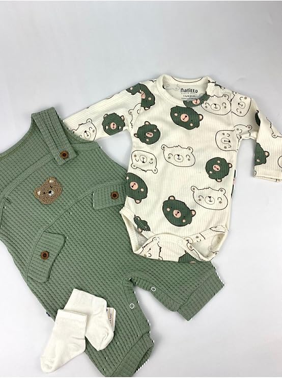 MYZİ STORE Ayı Nakışlı Erkek Bebek Tulum Yeşil 6 Ay