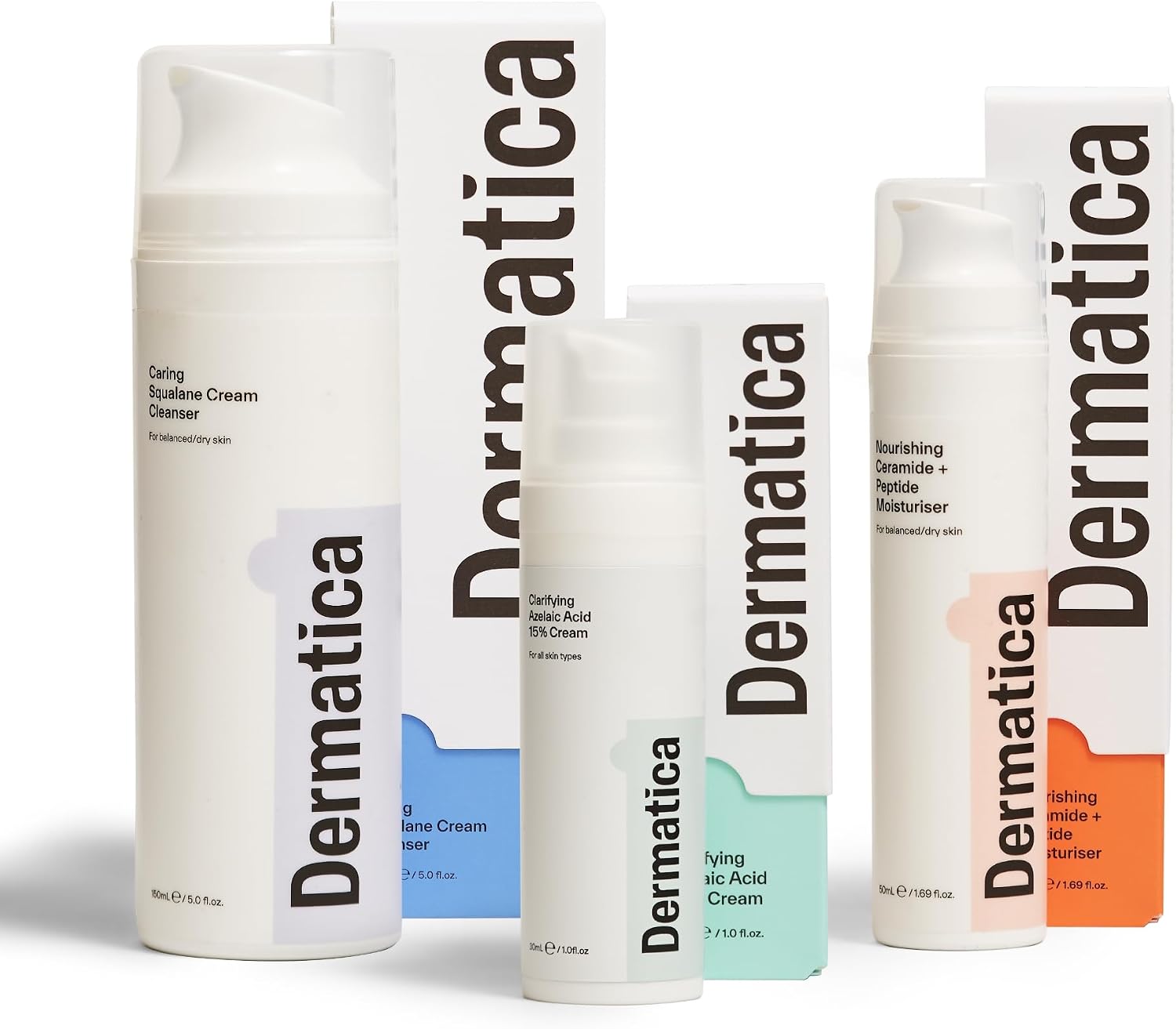Dermatica Brightening & Barrier Repair Kit, Caring Squalane Cleanser (150ml), Clarifying Azelaic Acid 15% Cream (30ml), Nourishing Ceramide + Peptide Moisturiser (50ml)