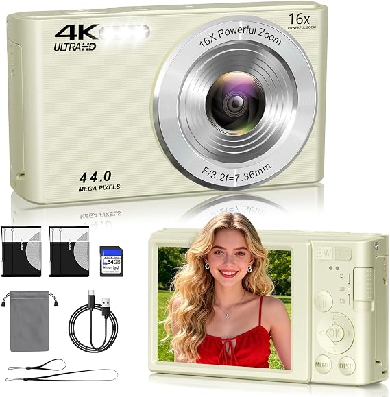 4K Digital Camera, Autofocus Kids Camera with 16x Zoom, Compact Point and Shoot Camera for Kids with 64GB SD Card, 2 Batteries, Simple Small Digicam for Teens Cream