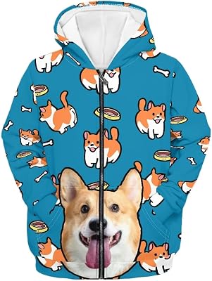 Cute Cat Dog Print Zip Hoodies for Girls & Boys Long Sleeve Soft Comfort Zipper Tops